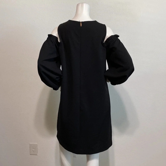 Tibi Black Crew Neck Cold Shoulder Long Sleeve Shift Mini Dress Size 12 - Picture 5 of 7